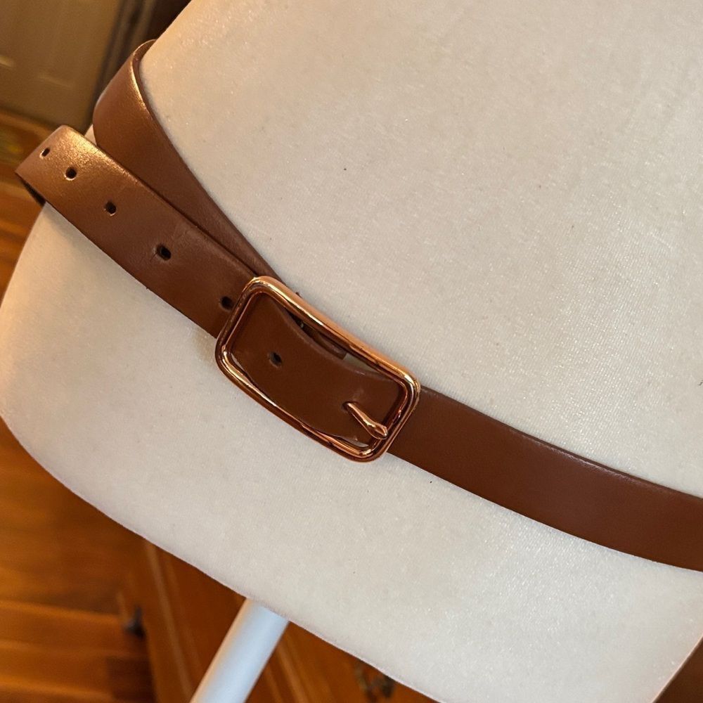Banana Republic Tan Leather Belt with Gold Rectangle Buckle - M